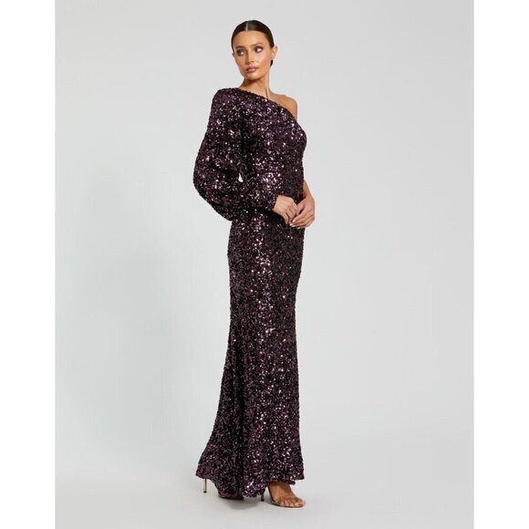 MAC DUGGAL Size 0 Purple Sequined One Shoulder Trumpet Formal Prom Gown Dress - Picture 3 of 11
